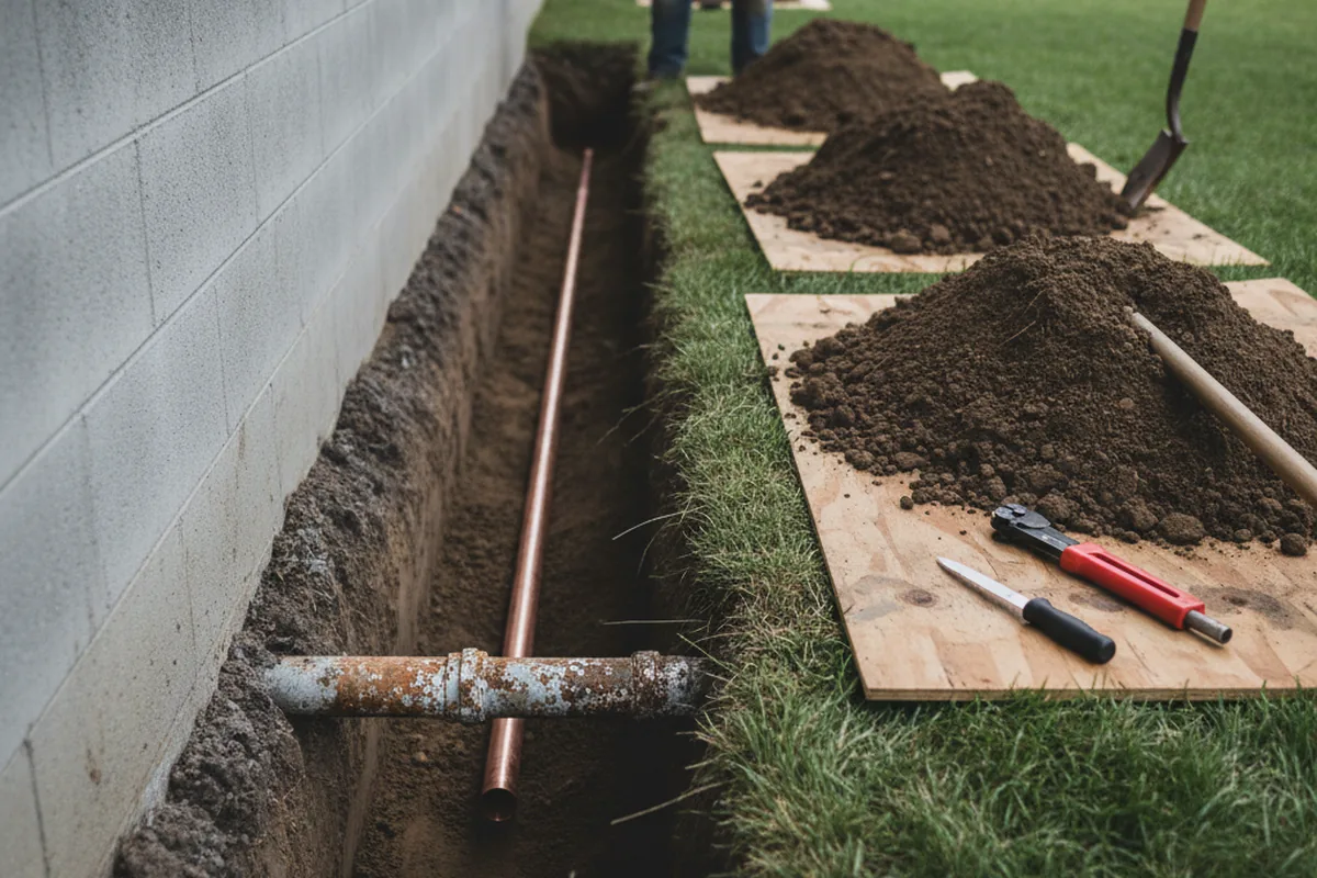Excavated water line trench during Sewer Line Repair in Alderpoint
